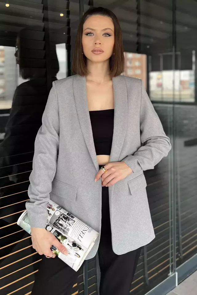Kol Büzgülü Kadın Blazer Ceket Gri