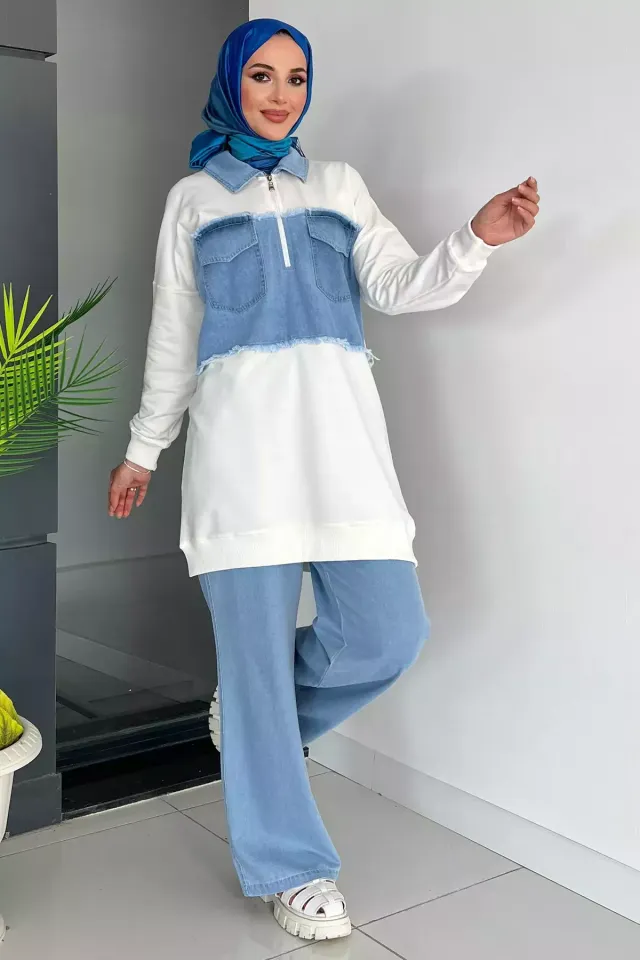Polo Yaka Çift Cepli Kot Garnili Tunik Pantolon Tesettür İkili Takım Krem