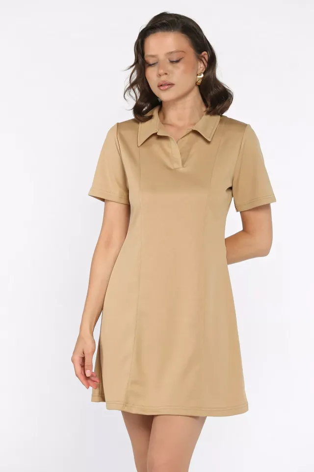 Polo Yaka Kadın Mini Elbise Bej