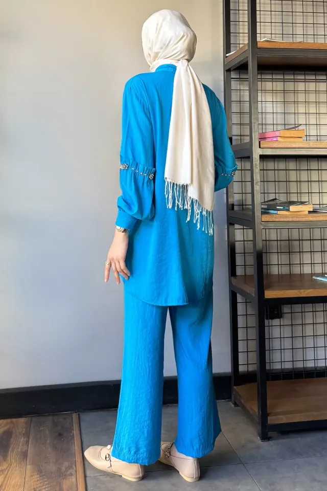 Taş Detaylı Tunik Pantolon Tesettür İkili Takım Mavi