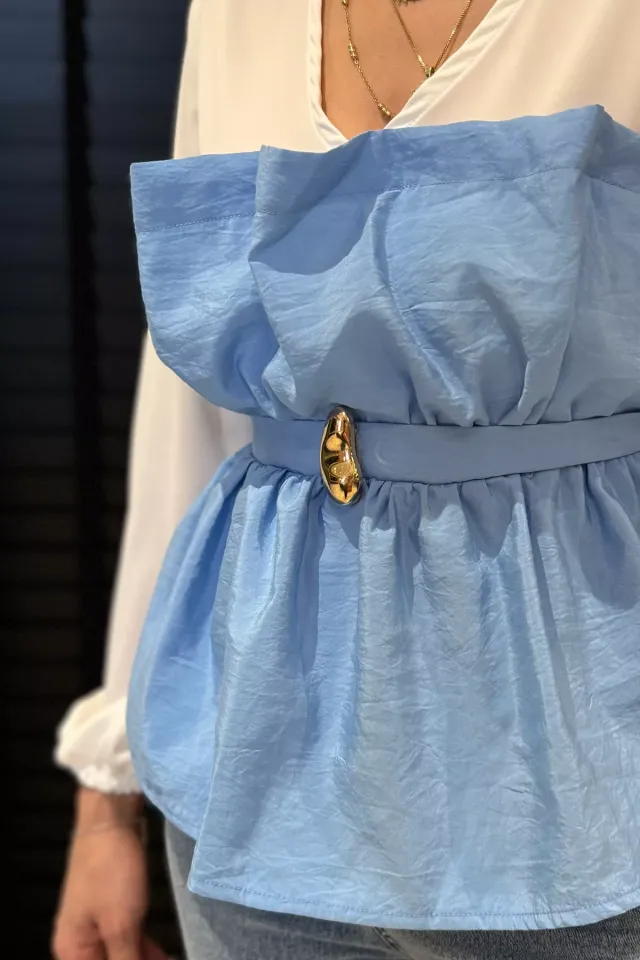 V Yaka Garnili Tokalı Kadın Bluz Mavi