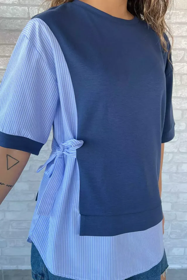 Yan Bağcıklı Garnili Kadın Sweatshirt Lacivert