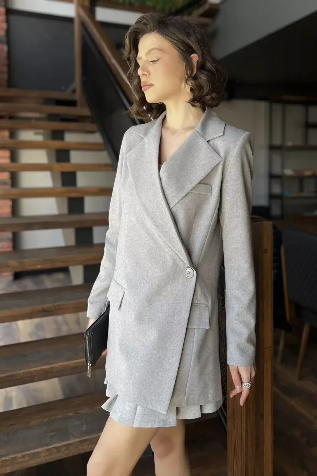 Yan Yırtmaçlı Astarlı Kadın Blazer Ceket Gri