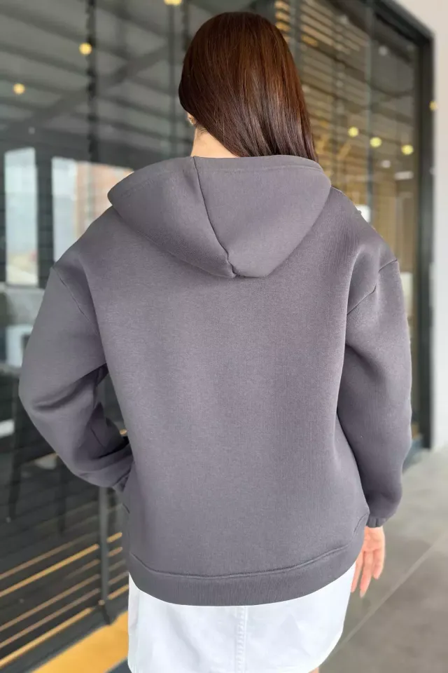 Yarım Fermuarlı Üç İplik Şardonlu Kadın Sweatshirt Koyugri